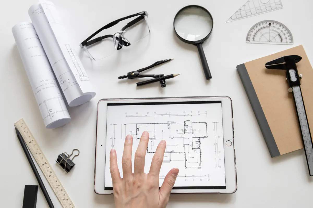 Digitale Bauplanung und Gebäudeeinmessung in Brandenburg anhand eines Grundrisses auf Tablet